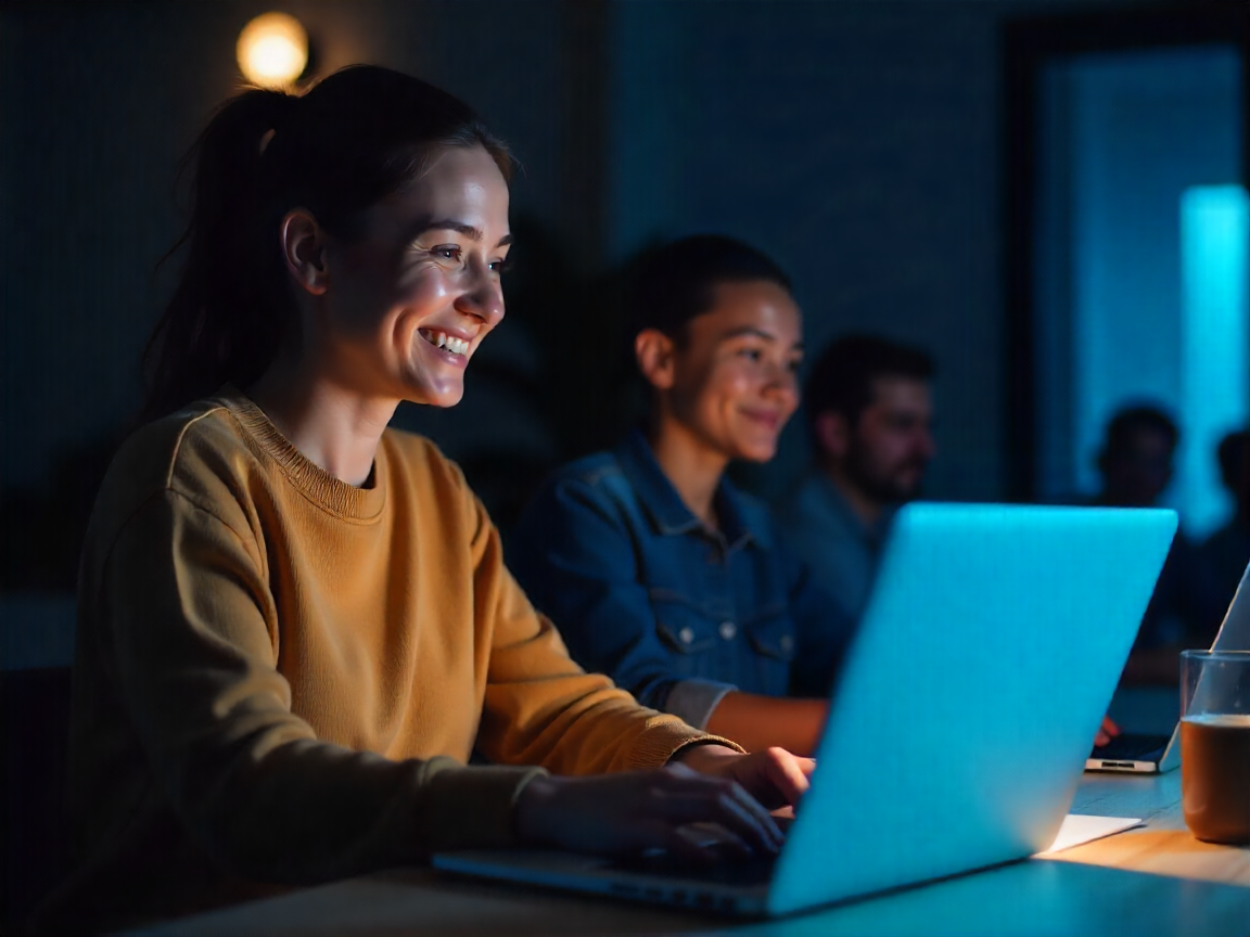 Two individuals engaged in work on laptops in a low-light setting, with one smiling at the screen.